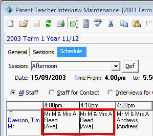 Parent Teacher Interview Maintenance - Schedule tab (contiguous bookings)