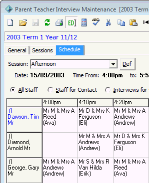 Parent Teacher Interview Maintenance - Schedule tab (cut down)