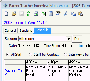 Parent Teacher Interview Maintenance - Schedule tab (main staff only)