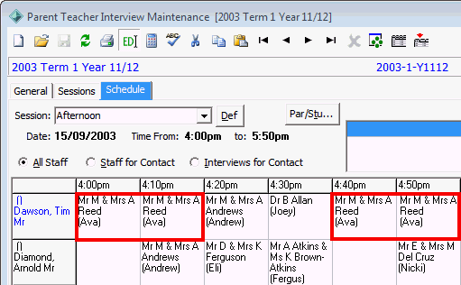 Parent Teacher Interview Maintenance - Schedule tab (multiple contigous bookings)
