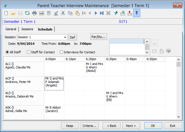 Parent Teacher Interview Maintenance - Schedule tab