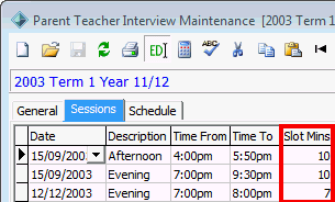 Parent Teacher Interview Maintenance - Sessions tab (slot mins highlighted)