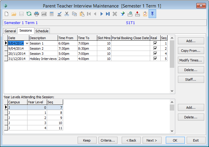 Parent Teacher Interview Maintenance - Sessions tab