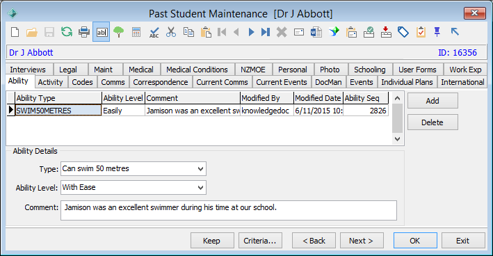 Past Student Maintenance - Ability tab