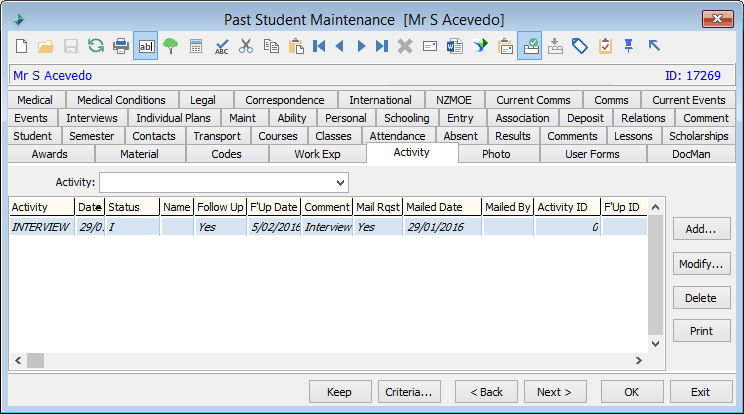 Past Student Maintenance - Activity tab