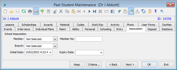 Past Student Maintenance - Association tab