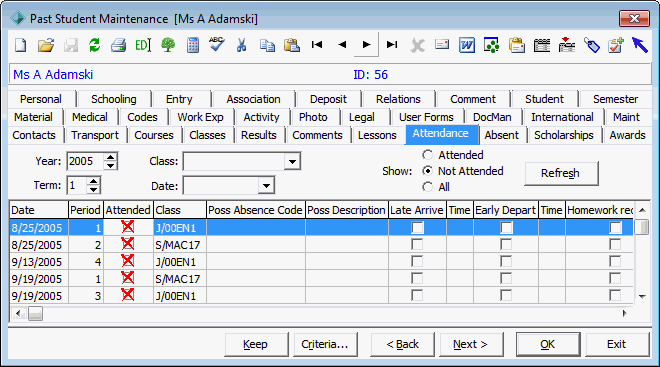 Past Student Maintenance - Attendance tab