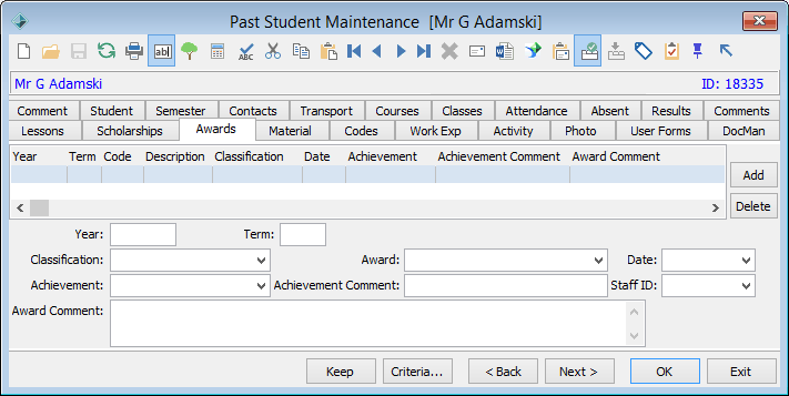 Past Student Maintenance - Awards tab
