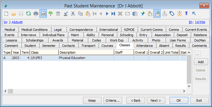 Past Student Maintenance - Classes tab