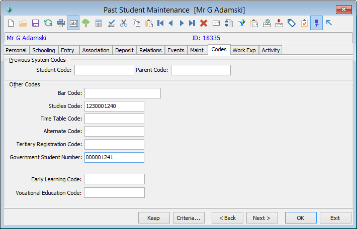 Past Student Maintenance - Codes tab