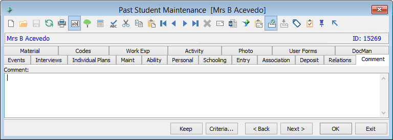 Past Student Maintenance - Comment tab