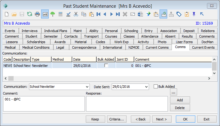 Past Student Maintenance - Comms tab