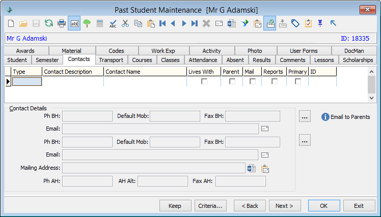 Past Student Maintenance - Contacts tab