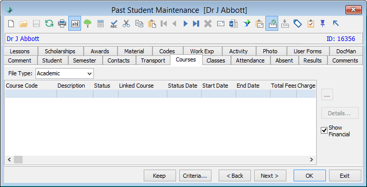 Past Student Maintenance - Courses tab