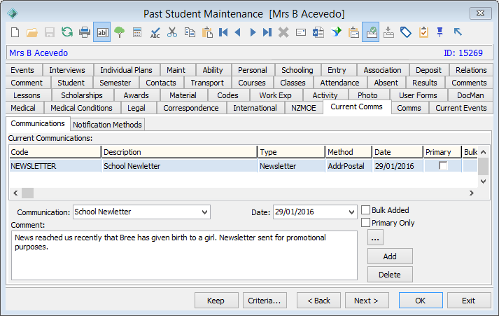 Past Student Maintenance - Current Comms tab