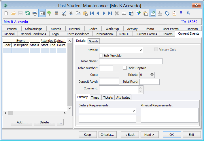 Past Student Maintenance - Current Events tab - Details sub-tab