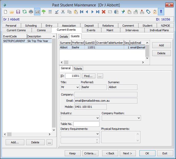 Past Student Maintenance - Current Events tab - Guests sub-tab