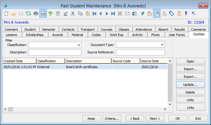 Past Student Maintenance - DocMan tab