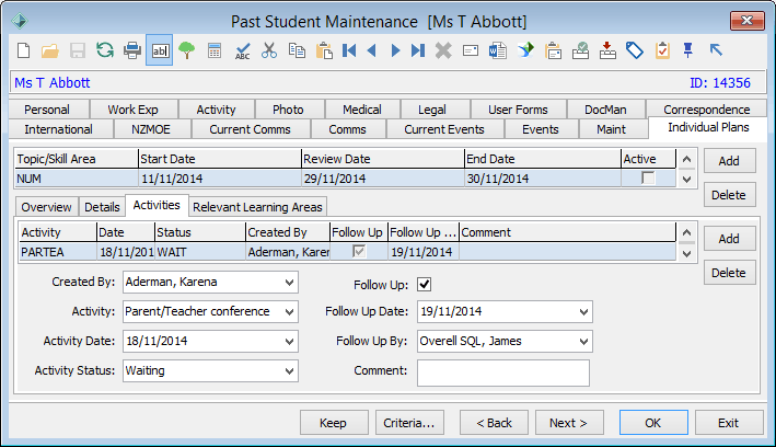 Past Student Maintenance - Individual Plans tab - Activities sub-tab