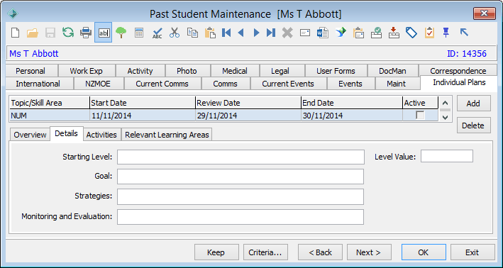Past Student Maintenance - Individual Plans tab - Details sub-tab