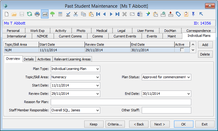 Past Student Maintenance - Individual Plans tab