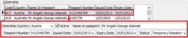 Past Student Maintenance - International tab (Citizenship area, grid area)
