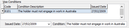 Past Student Maintenance - International tab (Visa Conditions area)