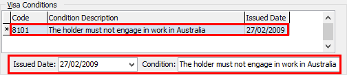 Past Student Maintenance - International tab (Visa Conditions area, grid area)