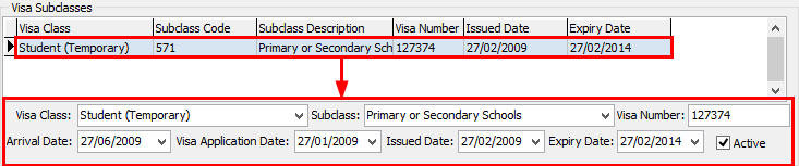 Past Student Maintenance - International tab (Visa Subclasses area, grid area)