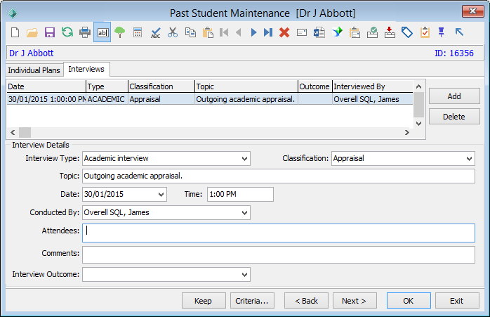 Past Student Maintenance - Interviews tab