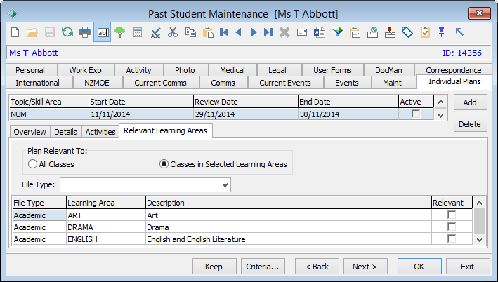 Past student maintenance - Learning plans tab - Relevant learning areas sub-tab