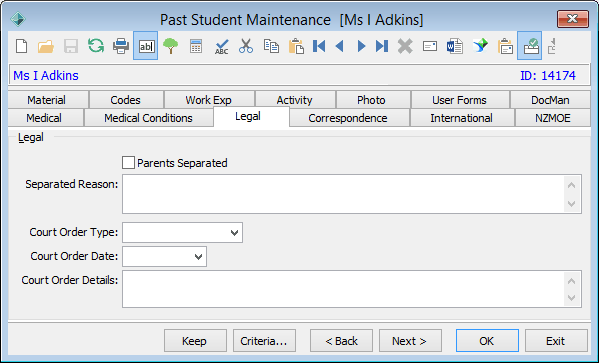 Past Student Maintenance - Legal tab