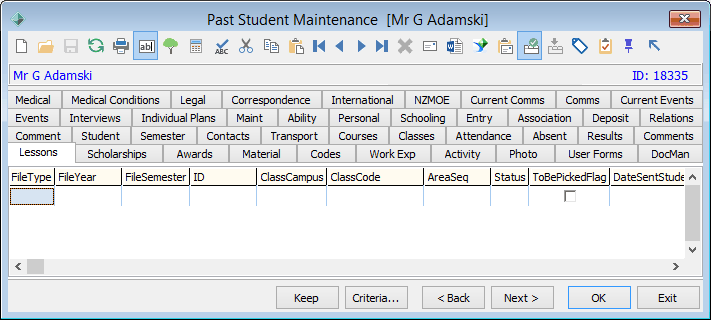 Past Student Maintenance - Lessons tab