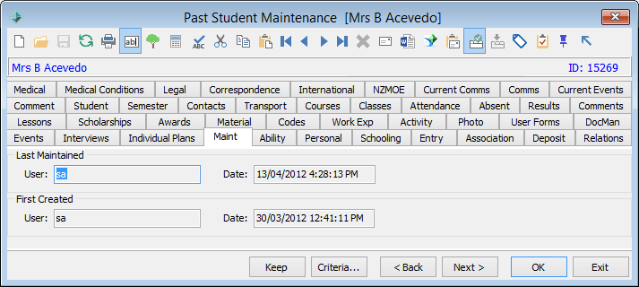Past Student Maintenance - Maint tab