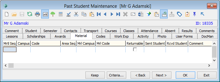 Past Student Maintenance - Material tab