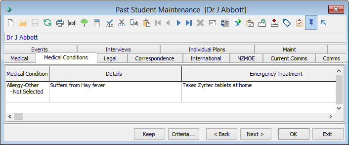 Past Student Maintenance - Medical Conditions tab