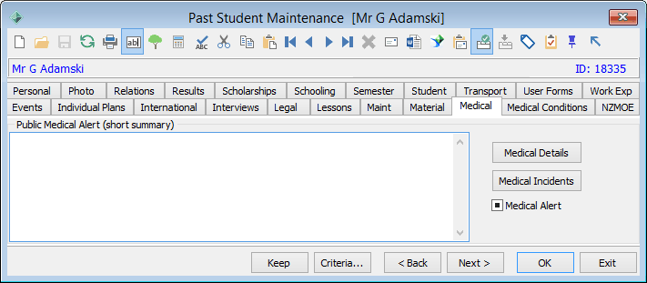 Past Student Maintenance - Medical tab
