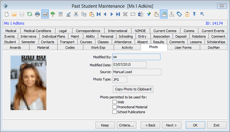 Past Student Maintenance - Photo tab