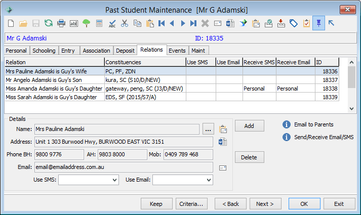 Past Student Maintenance - Relations tab