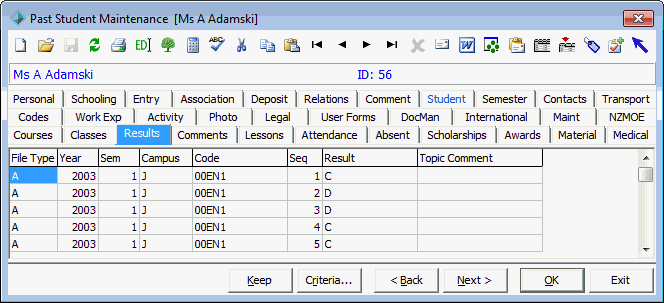 Past Student Maintenance - Results tab