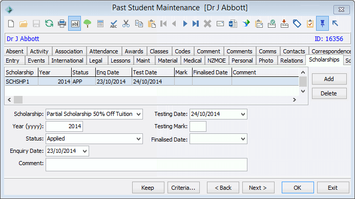 Past Student Maintenance - Scholarships tab