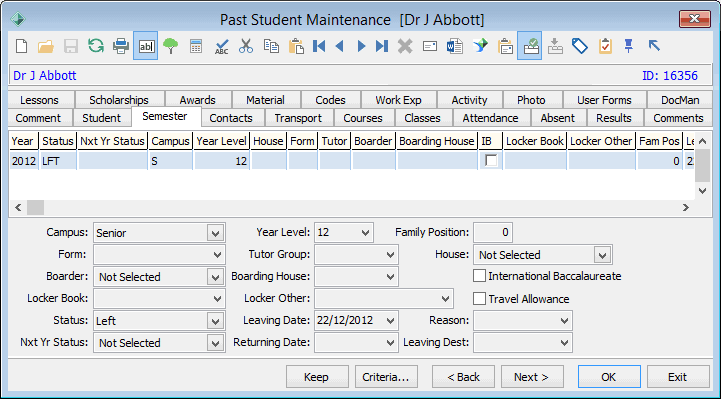 Past Student Maintenance - Semester tab