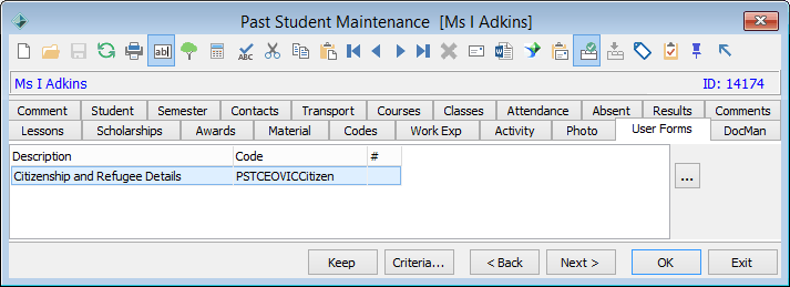 Past Student Maintenance - User Forms tab