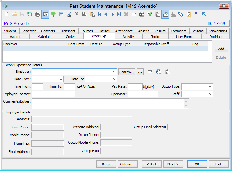 Past Student Maintenance - Work Exp tab