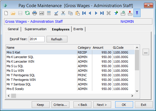 Payroll Code Maintenance - Employees tab