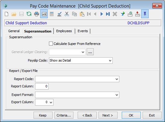 Payroll Code Maintenance - Superannuation tab