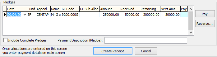 Payment Creation window (cut down, pledges area)
