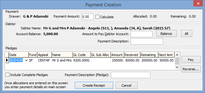 Payment Creation window