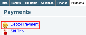 Payments tab (debtor payment highlighted)
