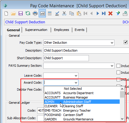 Payroll Code Maintenance - General tab (cut down)